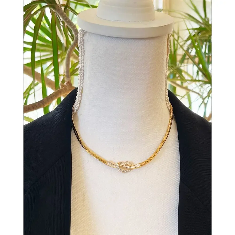 NINA RICCI Vintage Love Knot Rhinetone Snake Omega Choker Necklace 1980s